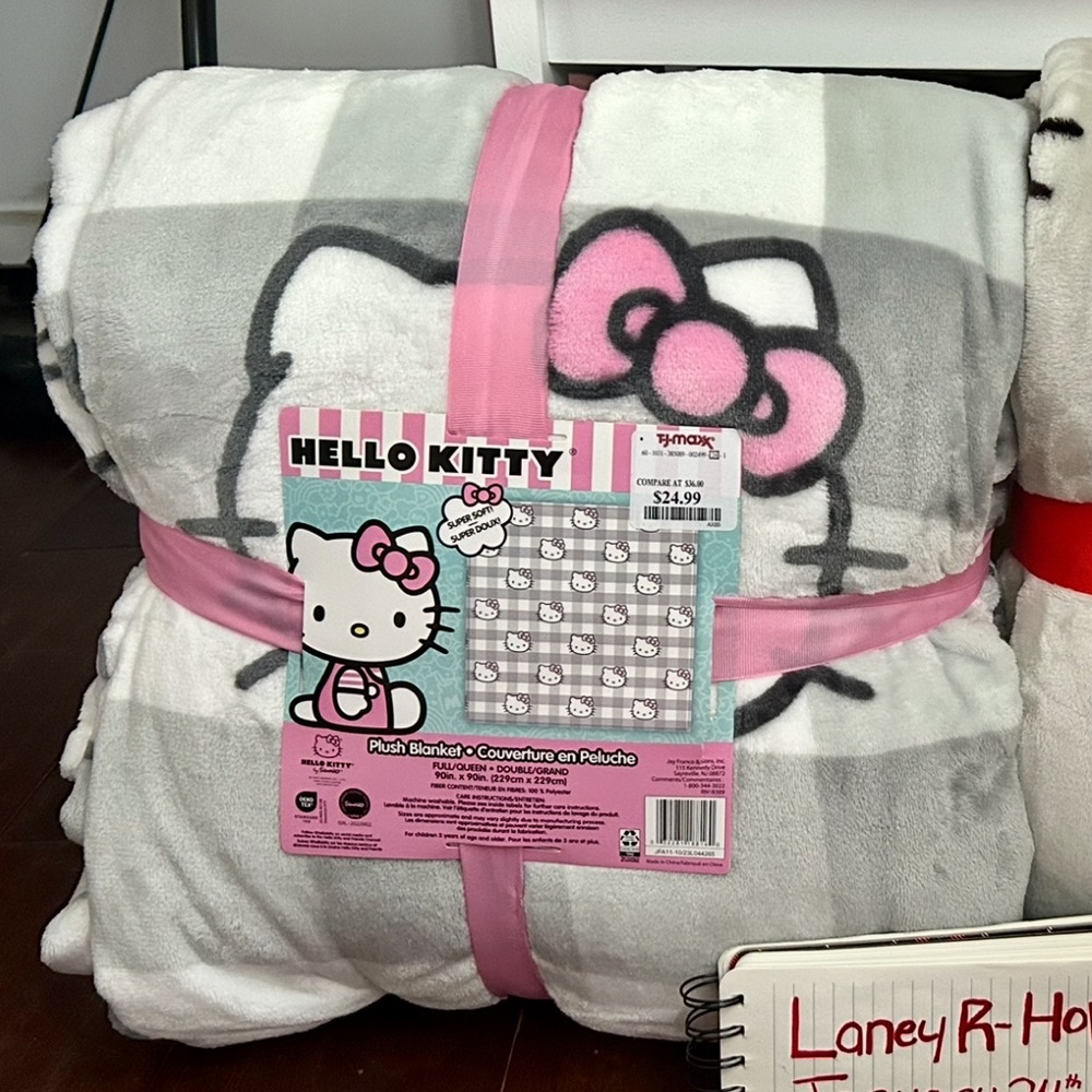 Hello Kitty Pink and Gray Gingham Plush Queen Blanket